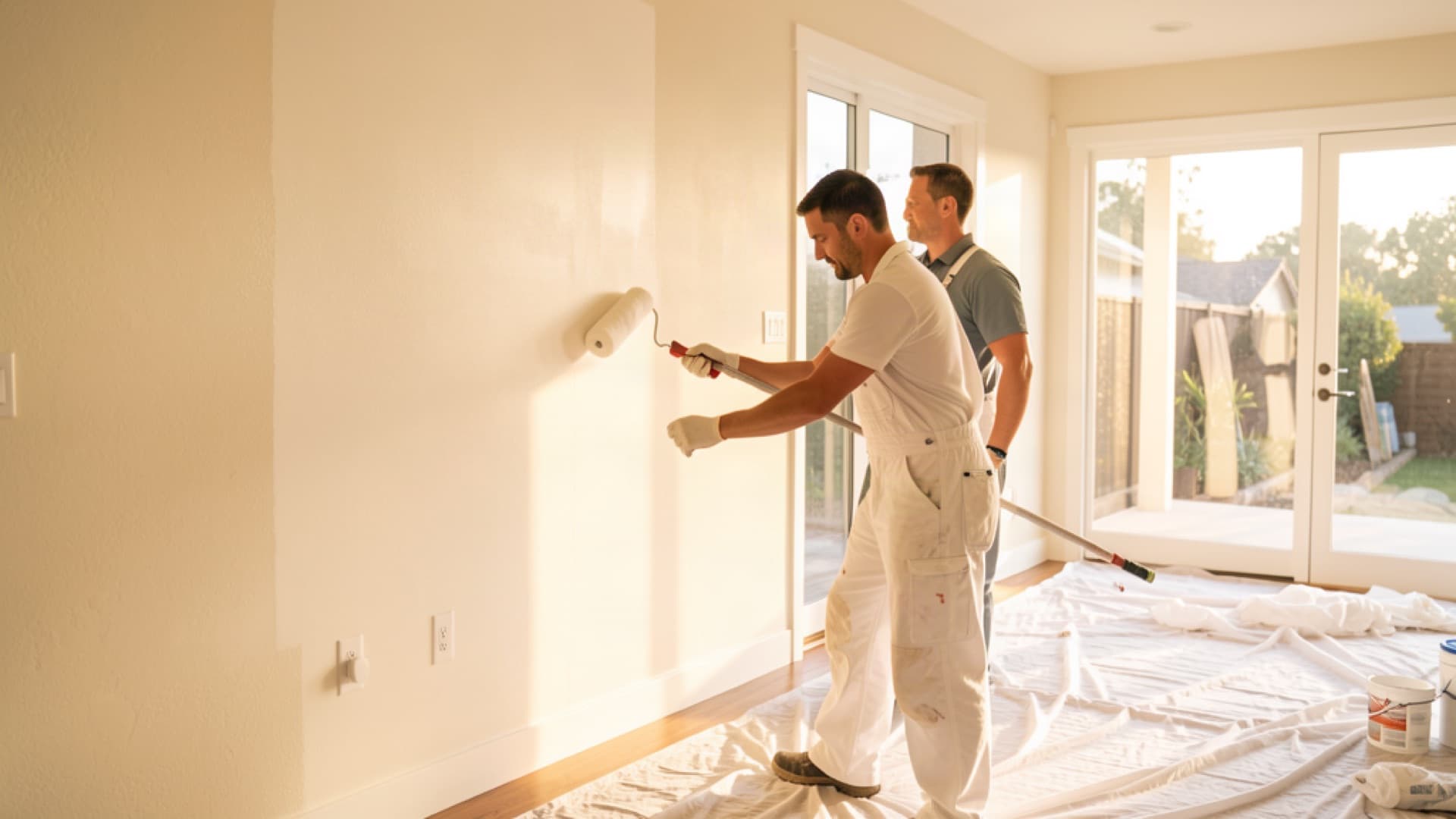 Professional house painter rolling a fresh coat of paint on an interior wall in Los Angeles